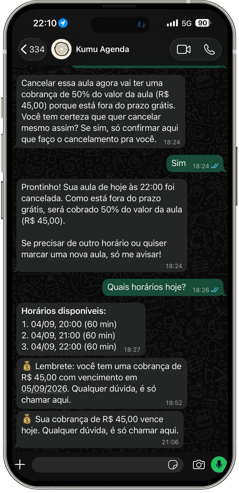 Painel semanal do Kumu — cancelamento e remarcação